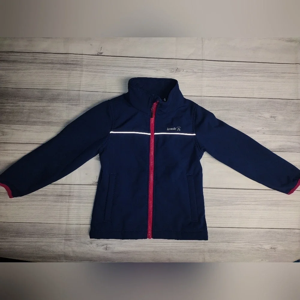 Kamik Kids Navy Blue Full Zip Softshell Jacket‎ Reflective Stripe Pink Trim Sz 5